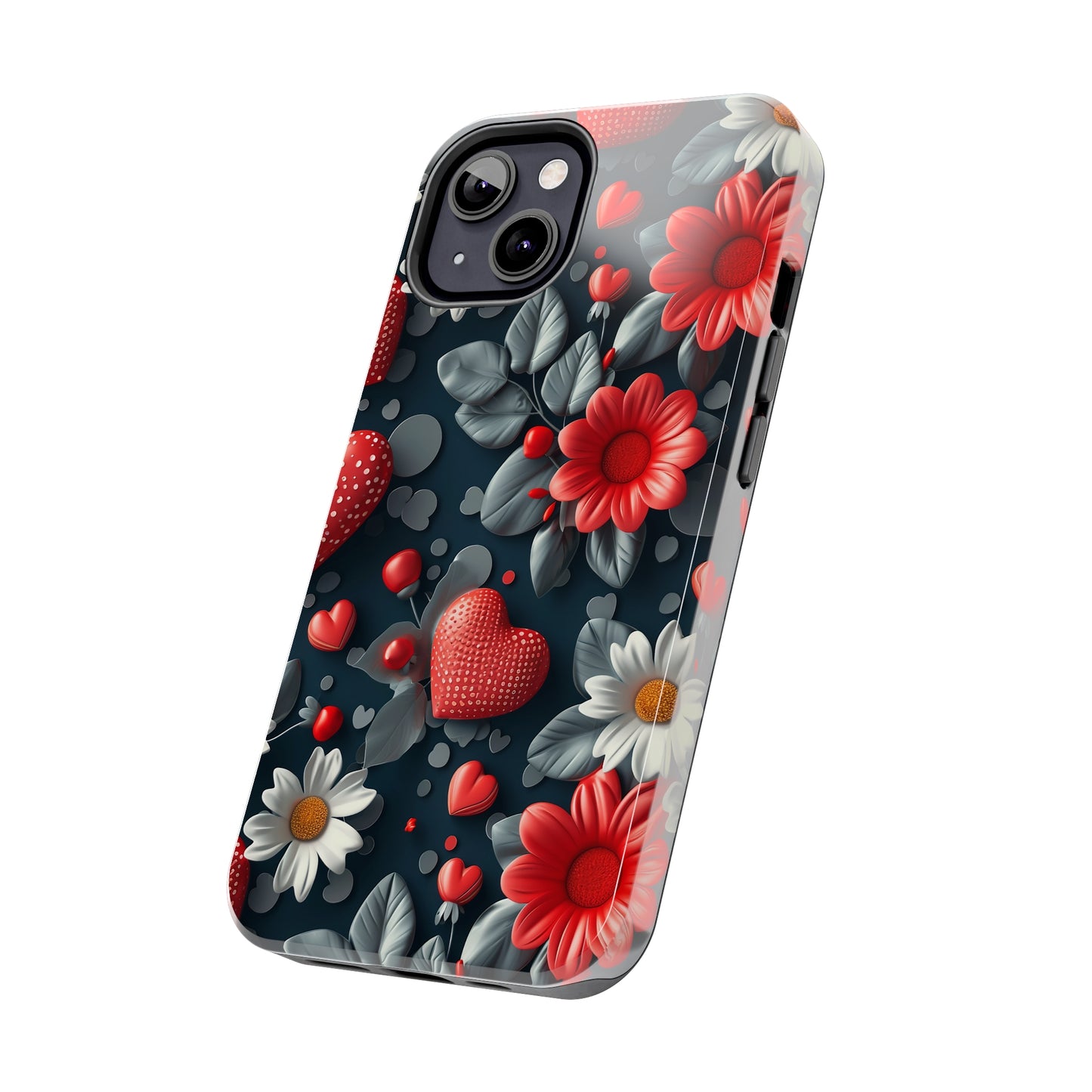 3D Flowers and Red Hearts Digital print Design Tough Phone Case compatible with a large variety of iPhone models, Gift, Phone Case