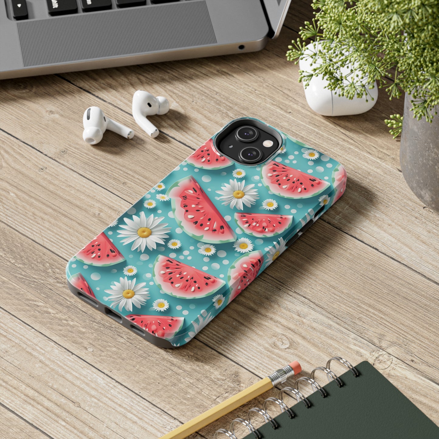 Watermelon Slices and Daisies Digital print Design Tough Phone Case compatible with a large variety of iPhone models, Gift, Phone Case