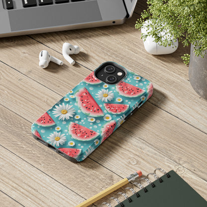 Watermelon Slices and Daisies Digital print Design Tough Phone Case compatible with a large variety of iPhone models, Gift, Phone Case