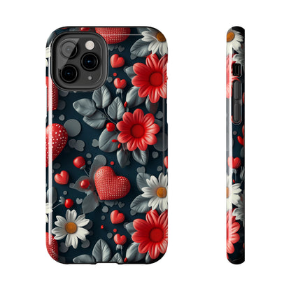 3D Flowers and Red Hearts Digital print Design Tough Phone Case compatible with a large variety of iPhone models, Gift, Phone Case