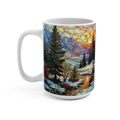 Stained Glass Style Scenic Mountain Landscape Mug, Artistic Nature Coffee Cup, Vibrant Stained Glass Design Drinkware Mug 15oz
