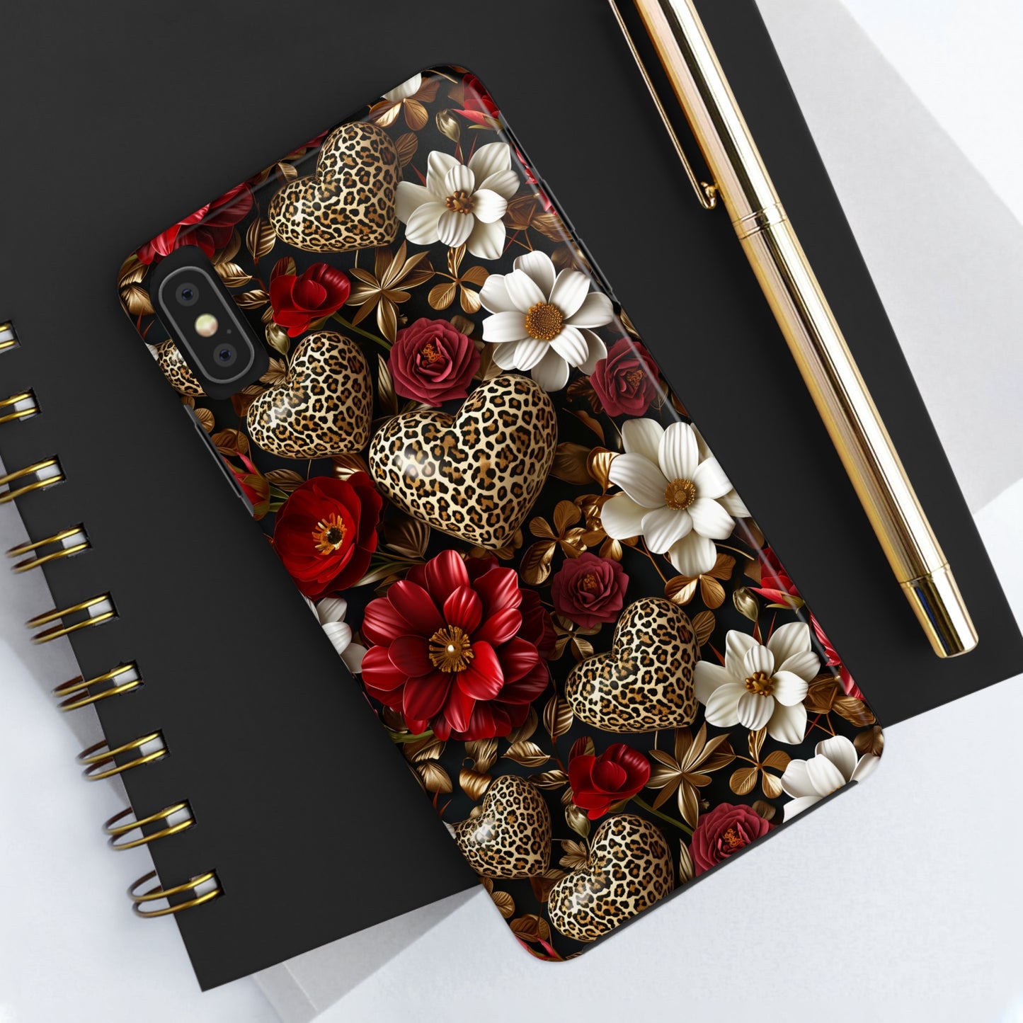 Red Gold Flowers Leopard Hearts Digital print Design Tough Phone Case compatible with a large variety of iPhone models, Gift, Phone Case