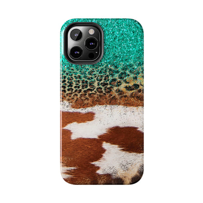 Western Cow Print, Teal, and Leopard print Design Phone Case- Lightweight, Impact Resistant Cover for iPhone 6, 6s, 12, 13, 14, 15