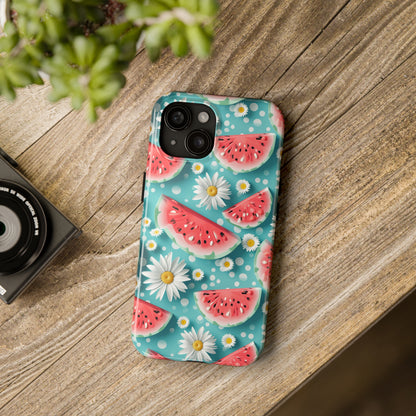 Watermelon Slices and Daisies Digital print Design Tough Phone Case compatible with a large variety of iPhone models, Gift, Phone Case