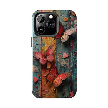 Colorful Butterfly Art on Wood texture design iPhone Case iPhone Case, Colorful Butterfly Art Protective Phone Cover, Durable Phone Accessory Gift, Chic Artsy Protective Cover, Protective Case for iPhone Models, Tough iPhone Case