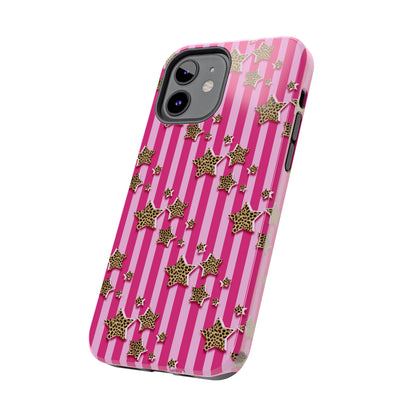 Girly Cheetah Stars and Pink Stripes Design Phone Case- Lightweight, Impact Resistant Cover for iPhone 6, 6s, 12, 13, 14, 15