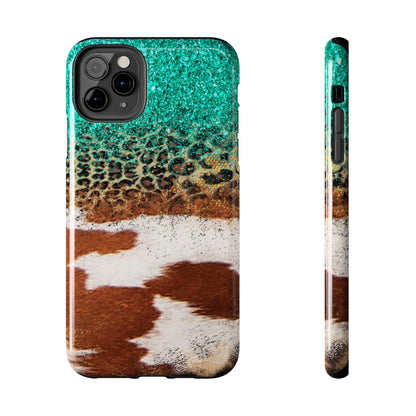 Western Cow Print, Teal, and Leopard print Design Phone Case- Lightweight, Impact Resistant Cover for iPhone 6, 6s, 12, 13, 14, 15