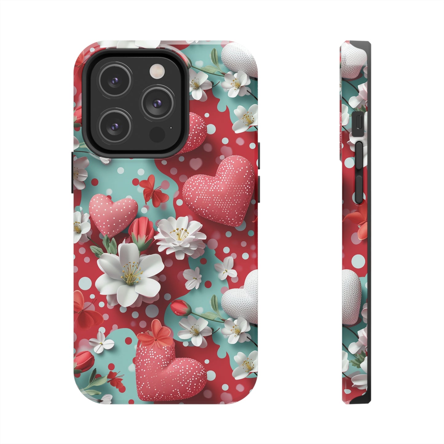 Polka Dot Hearts and Flowers Digital print Design Tough Phone Case compatible with a large variety of iPhone models, Gift, Phone Case