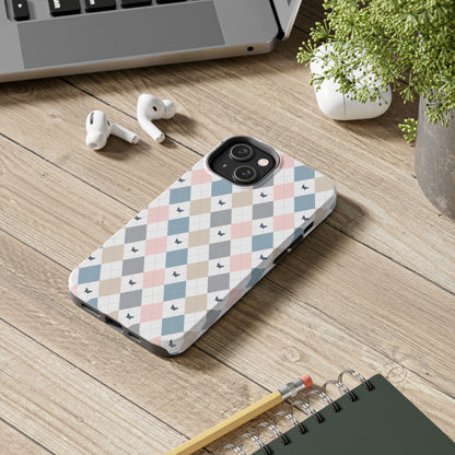 Argyle Pastel Plaid and Butterflies print design Tough Phone Case compatible with a large variety of iphone models