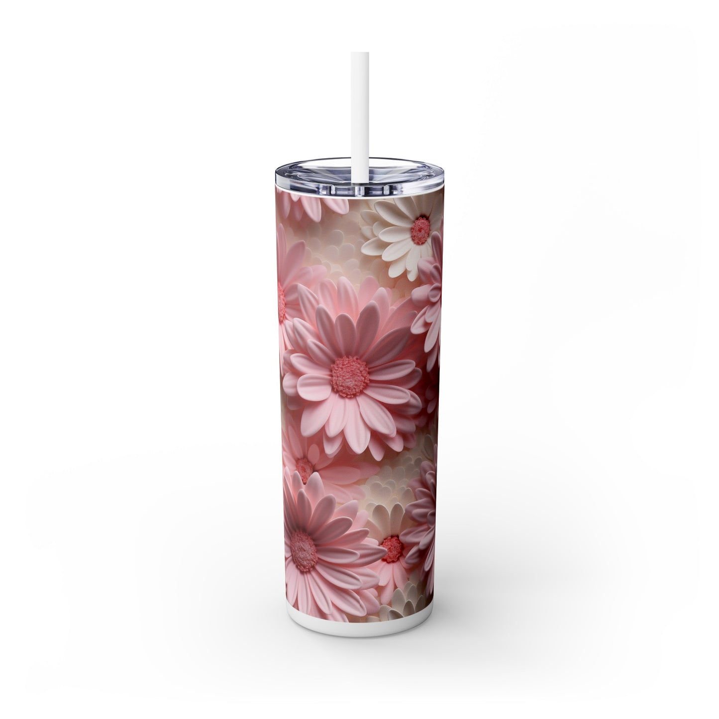 3D Pink and White Daisy Design Skinny Tumbler with Straw, 20oz