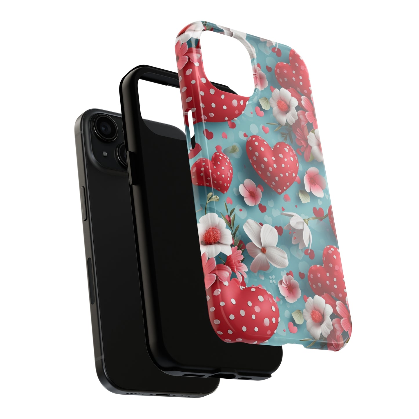 Pink White Flowers Red Hearts Digital print Design Tough Phone Case compatible with a large variety of iPhone models, Gift, Phone Case