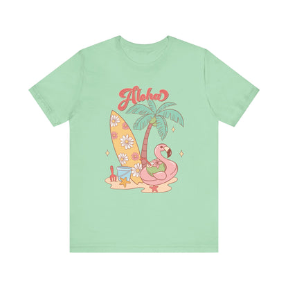 Tropical Aloha Flamingo T-Shirt, Beach Vacation Tee, Summer Graphic Shirt, Palm Tree and Surfboard Top, Casual Unisex Clothing