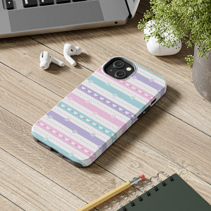 Pastel Stripes and Hearts print design Tough Phone Case compatible with a large variety of iphone models