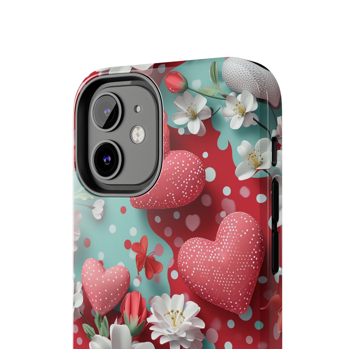 Polka Dot Hearts and Flowers Digital print Design Tough Phone Case compatible with a large variety of iPhone models, Gift, Phone Case