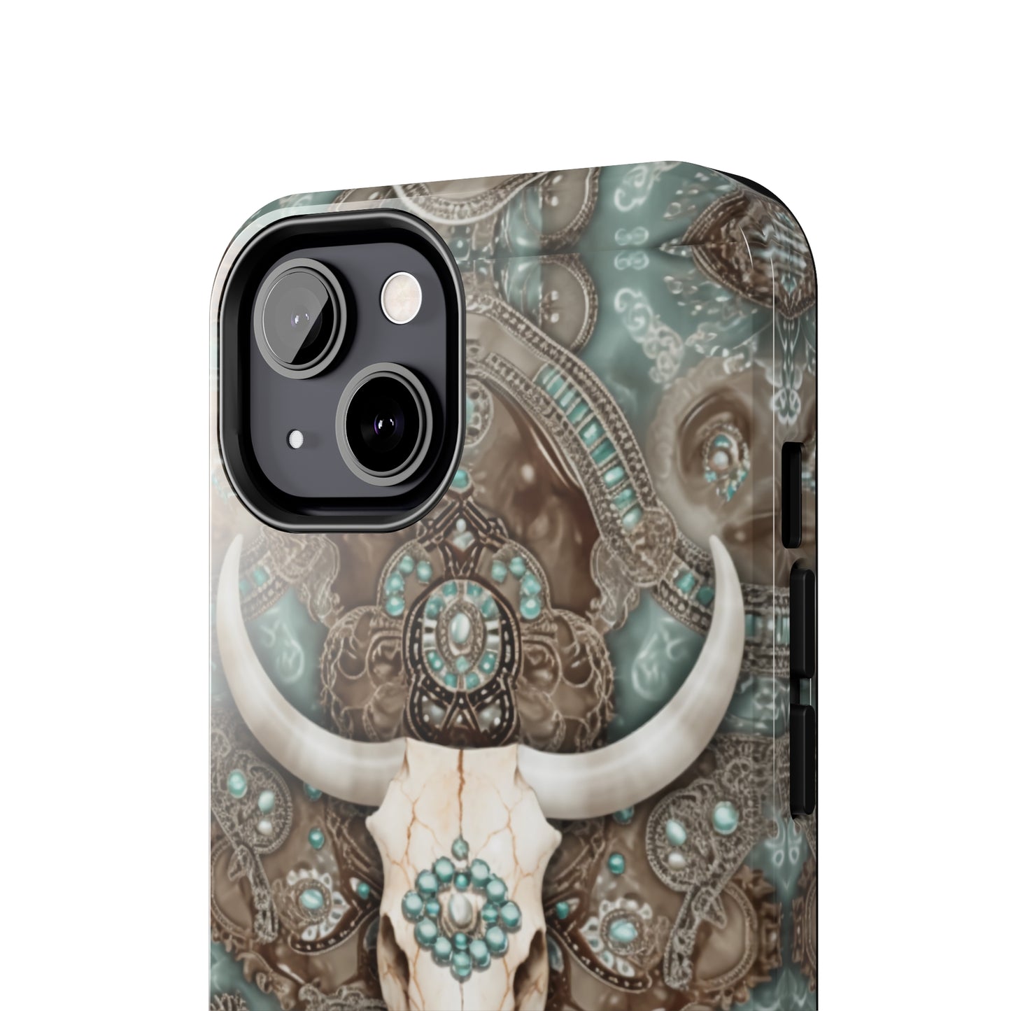 Western Cow Skull and Turquoise print design Phone Case- Lightweight, Impact Resistant Cover for iPhone 6, 6s, 12, 13, 14, 15