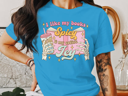 Book Lover T-Shirt, Spicy Books Icy Coffee Graphic Tee, Reading Enthusiast Casual Top, Unisex Shirt for Bibliophiles