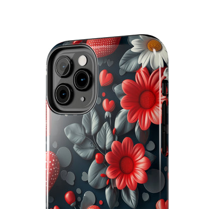 3D Flowers and Red Hearts Digital print Design Tough Phone Case compatible with a large variety of iPhone models, Gift, Phone Case