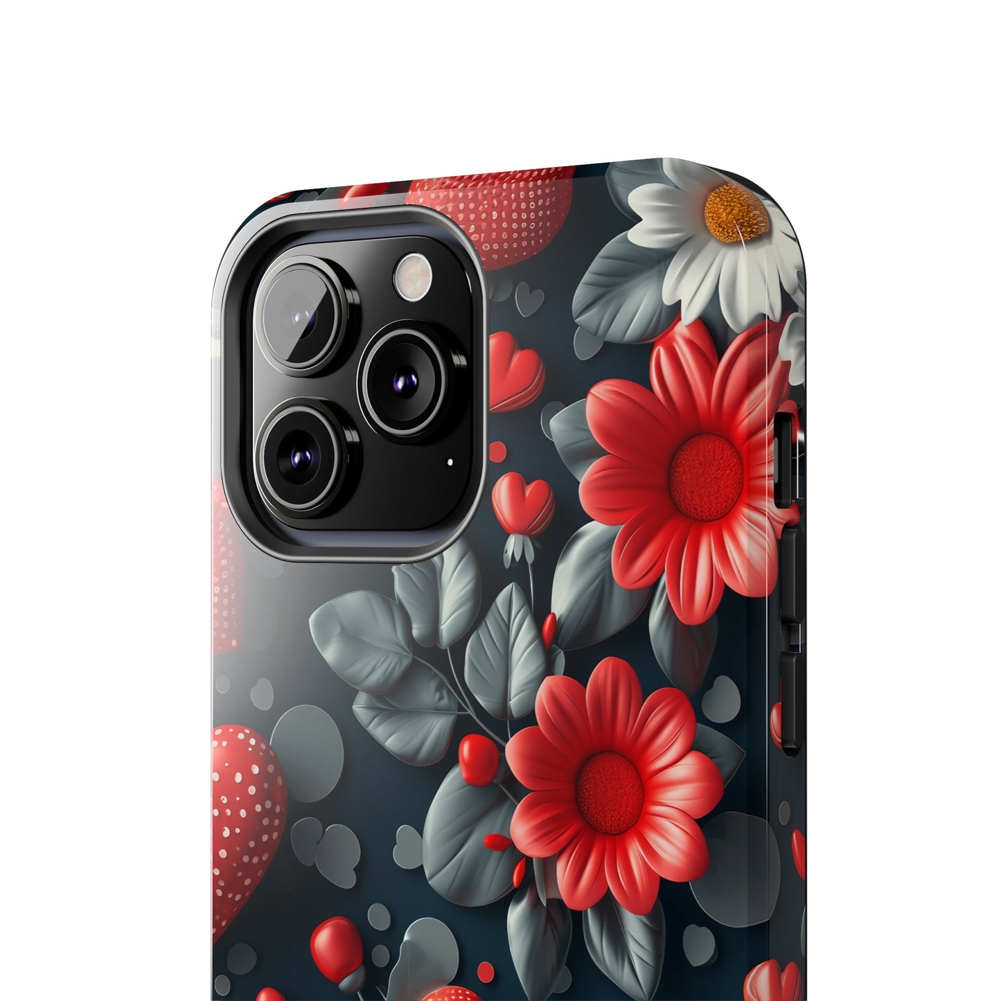 3D Flowers and Red Hearts Digital print Design Tough Phone Case compatible with a large variety of iPhone models, Gift, Phone Case