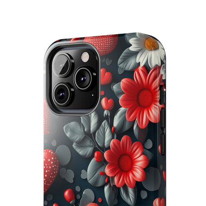 3D Flowers and Red Hearts Digital print Design Tough Phone Case compatible with a large variety of iPhone models, Gift, Phone Case