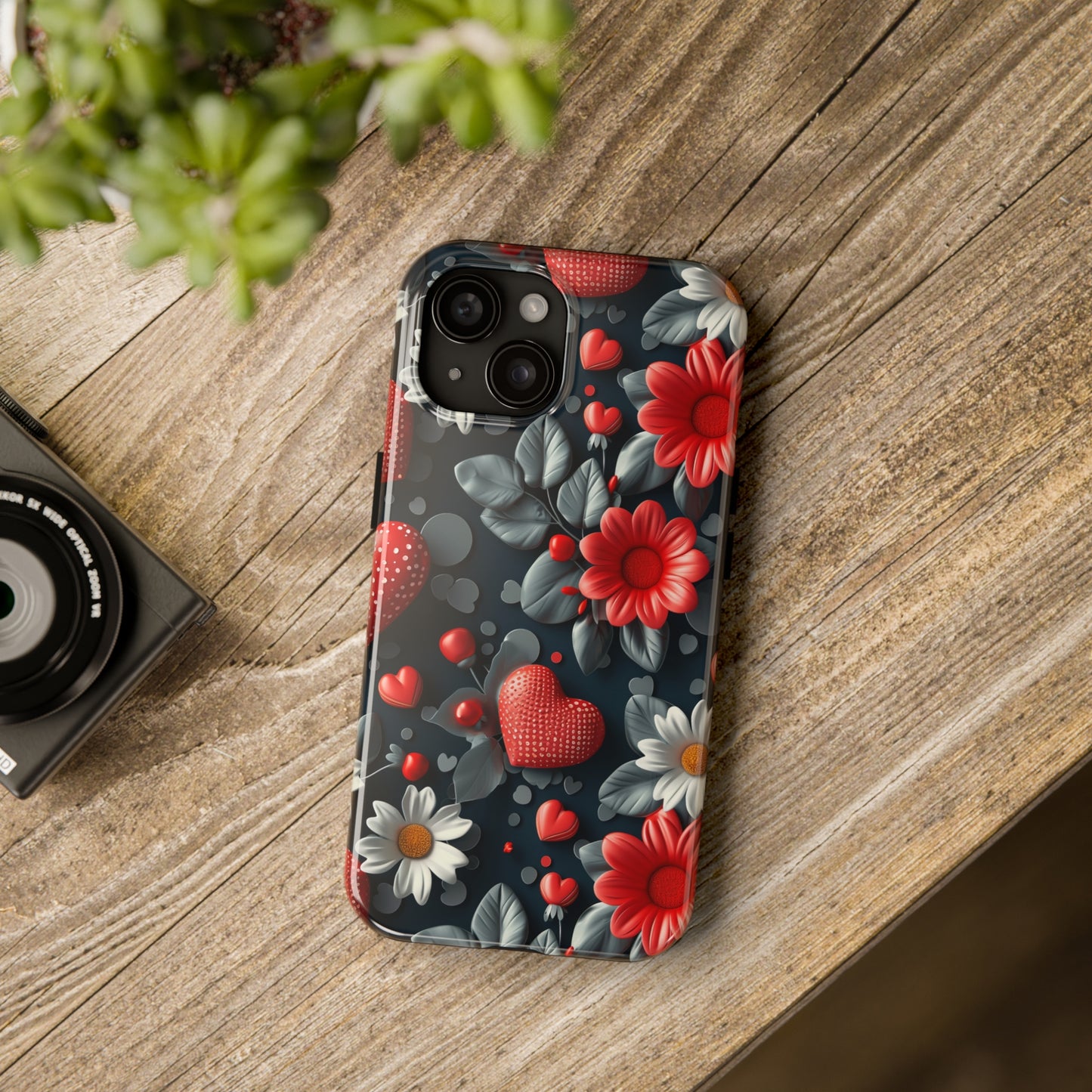 3D Flowers and Red Hearts Digital print Design Tough Phone Case compatible with a large variety of iPhone models, Gift, Phone Case