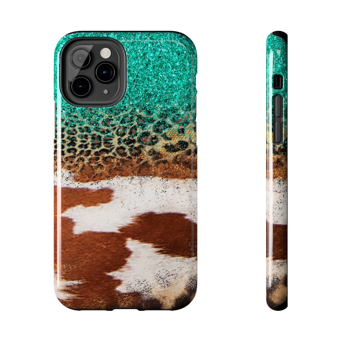 Western Cow Print, Teal, and Leopard print Design Phone Case- Lightweight, Impact Resistant Cover for iPhone 6, 6s, 12, 13, 14, 15