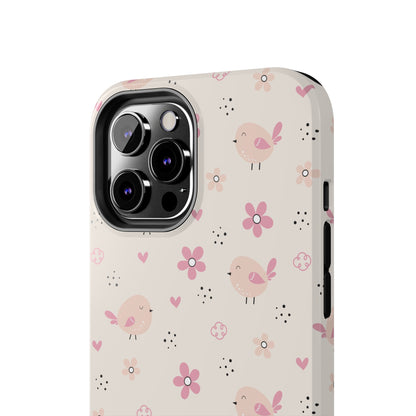 Cute Pink Birds and Flowers print design Tough Phone Case compatible with a large variety of iphone models