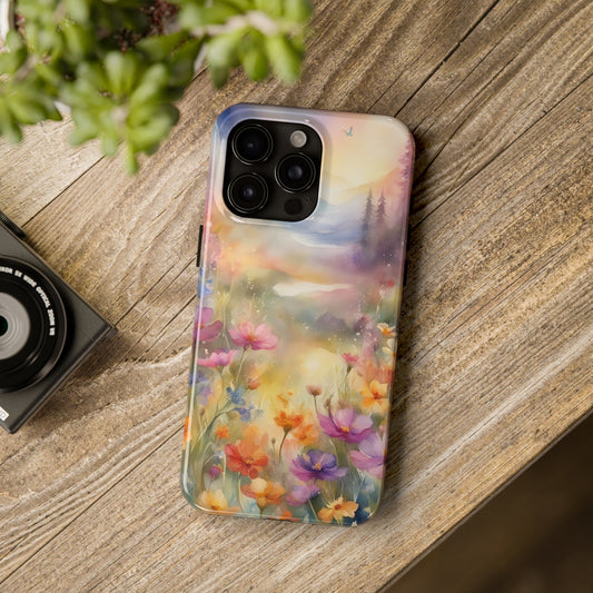 Watercolor Landscape and Wildflowers Pattern print design Tough Phone Case compatible with a large variety of phone models, Phone Case