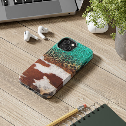 Western Cow Print, Teal, and Leopard print Design Phone Case- Lightweight, Impact Resistant Cover for iPhone 6, 6s, 12, 13, 14, 15