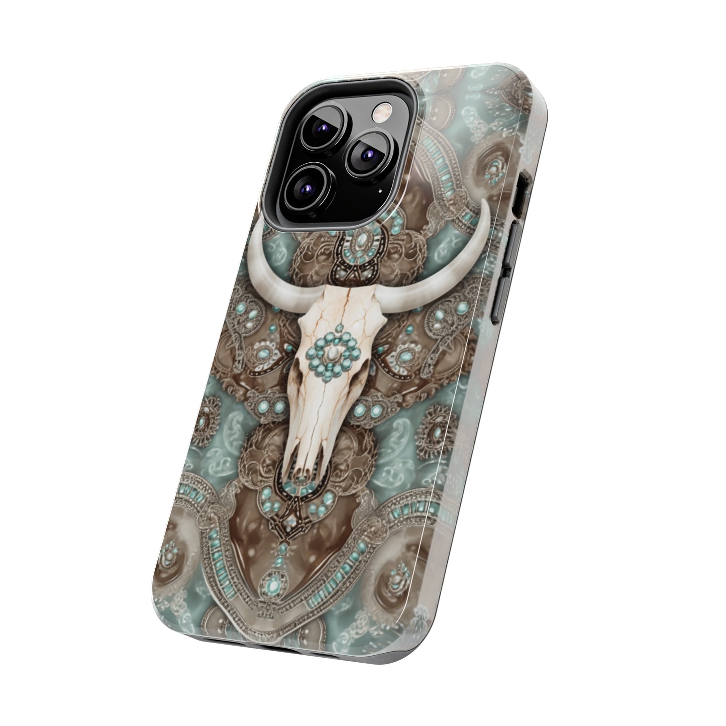 Western Cow Skull and Turquoise print design Phone Case- Lightweight, Impact Resistant Cover for iPhone 6, 6s, 12, 13, 14, 15