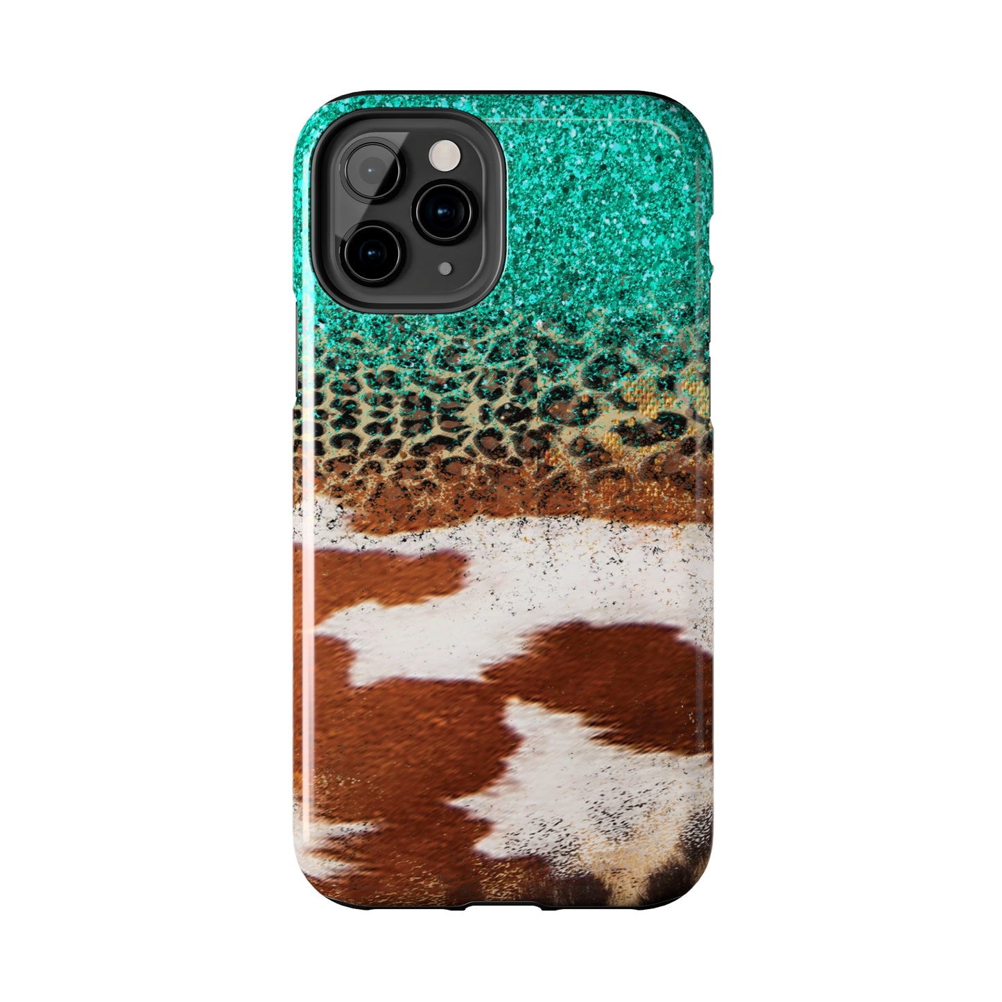 Western Cow Print, Teal, and Leopard print Design Phone Case- Lightweight, Impact Resistant Cover for iPhone 6, 6s, 12, 13, 14, 15