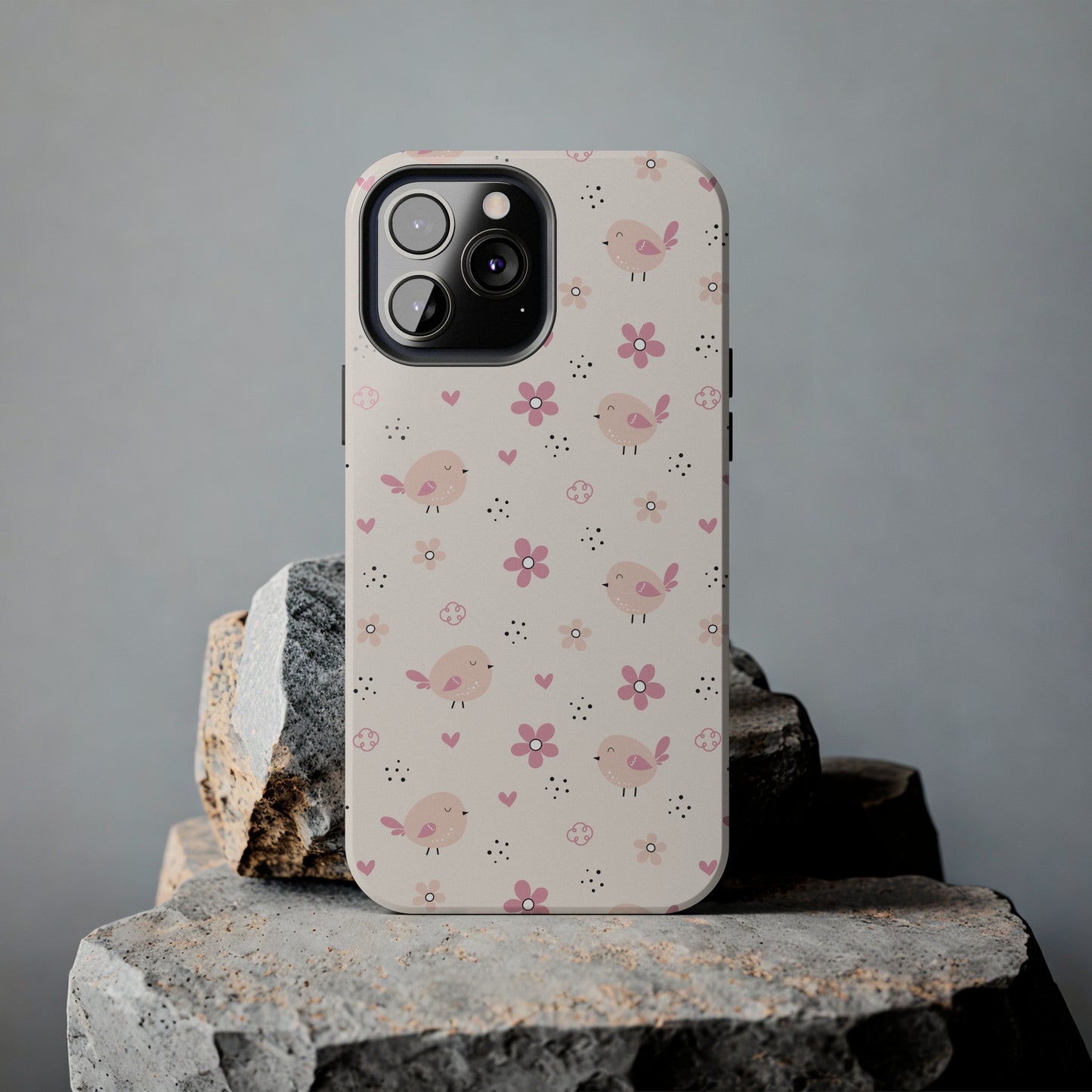 Cute Pink Birds and Flowers print design Tough Phone Case compatible with a large variety of iphone models