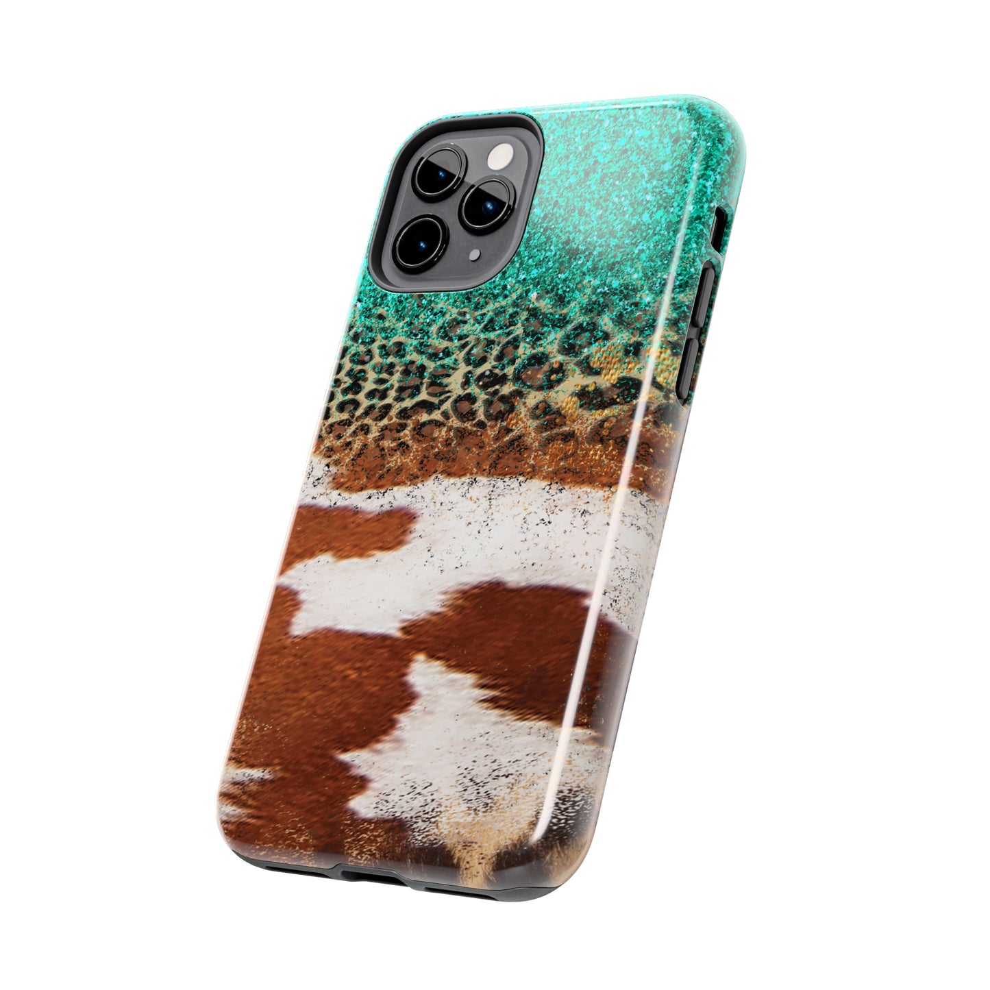 Western Cow Print, Teal, and Leopard print Design Phone Case- Lightweight, Impact Resistant Cover for iPhone 6, 6s, 12, 13, 14, 15