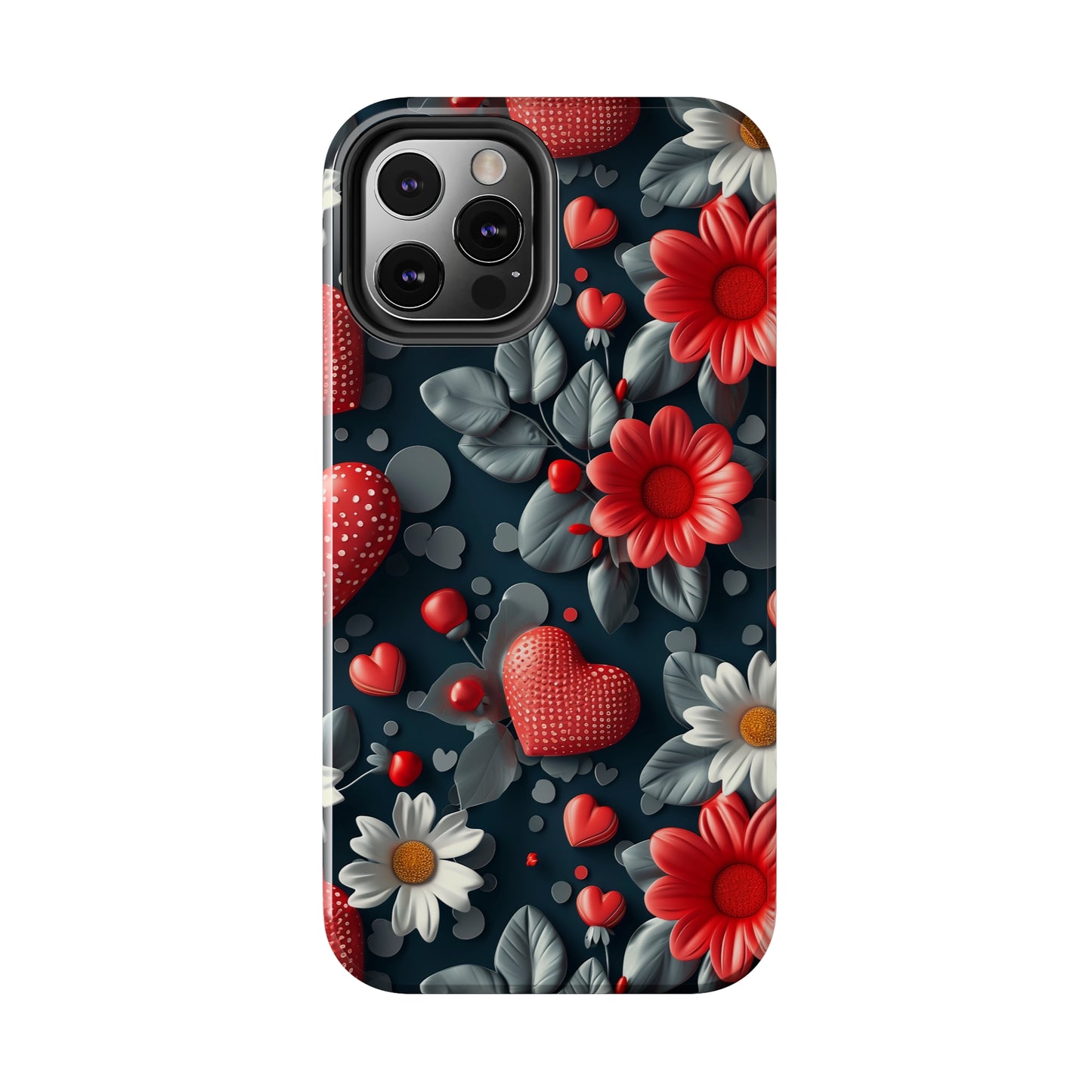 3D Flowers and Red Hearts Digital print Design Tough Phone Case compatible with a large variety of iPhone models, Gift, Phone Case