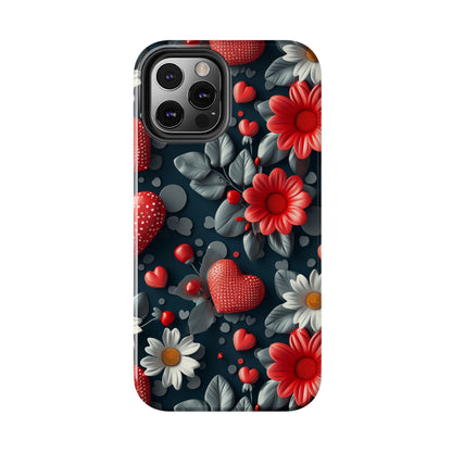 3D Flowers and Red Hearts Digital print Design Tough Phone Case compatible with a large variety of iPhone models, Gift, Phone Case