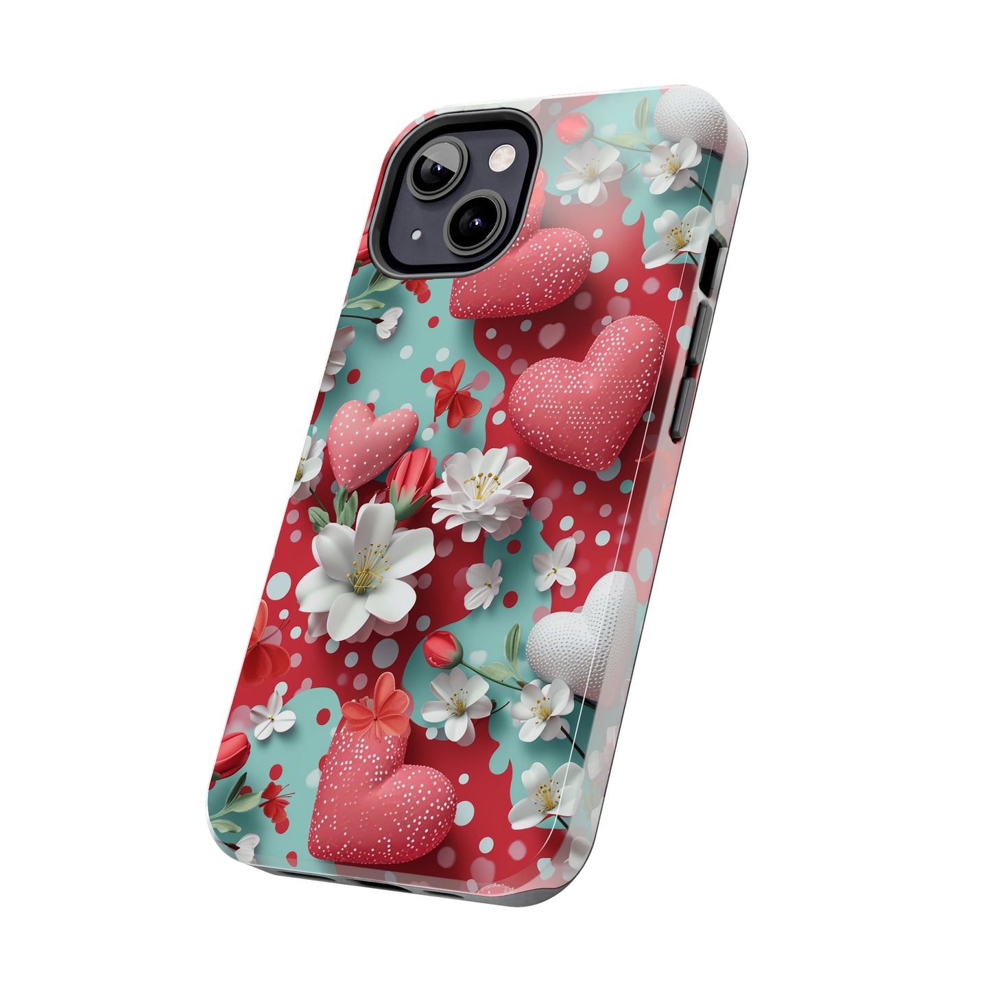 Polka Dot Hearts and Flowers Digital print Design Tough Phone Case compatible with a large variety of iPhone models, Gift, Phone Case