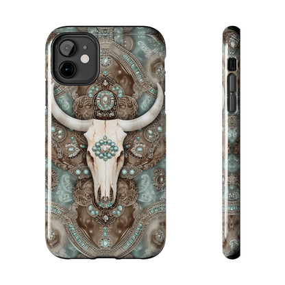 Western Cow Skull and Turquoise print design Phone Case- Lightweight, Impact Resistant Cover for iPhone 6, 6s, 12, 13, 14, 15