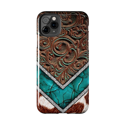 Western Cow Print, Faux Turquoise and Leather Digital print design Phone Case- Lightweight, Impact Resistant Cover for iPhone 6, 6s, 12, 13, 14, 15