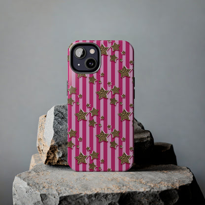 Girly Cheetah Stars and Pink Stripes Design Phone Case- Lightweight, Impact Resistant Cover for iPhone 6, 6s, 12, 13, 14, 15