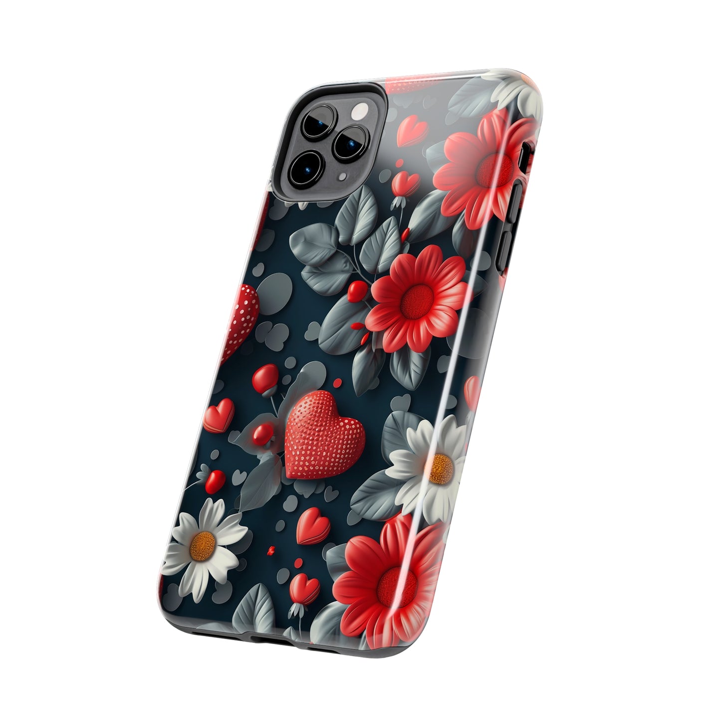 3D Flowers and Red Hearts Digital print Design Tough Phone Case compatible with a large variety of iPhone models, Gift, Phone Case