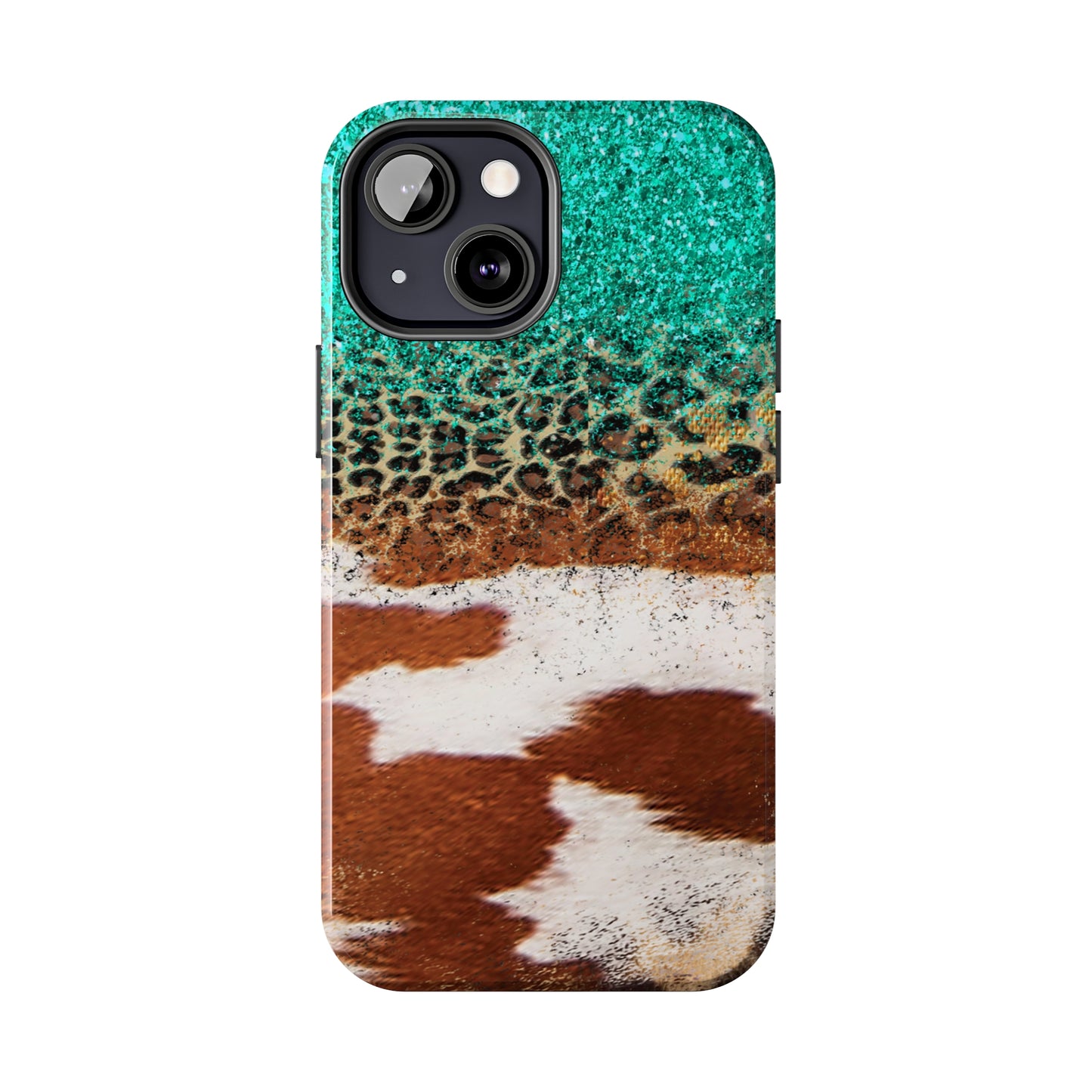 Western Cow Print, Teal, and Leopard print Design Phone Case- Lightweight, Impact Resistant Cover for iPhone 6, 6s, 12, 13, 14, 15