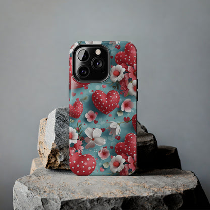 Pink White Flowers Red Hearts Digital print Design Tough Phone Case compatible with a large variety of iPhone models, Gift, Phone Case