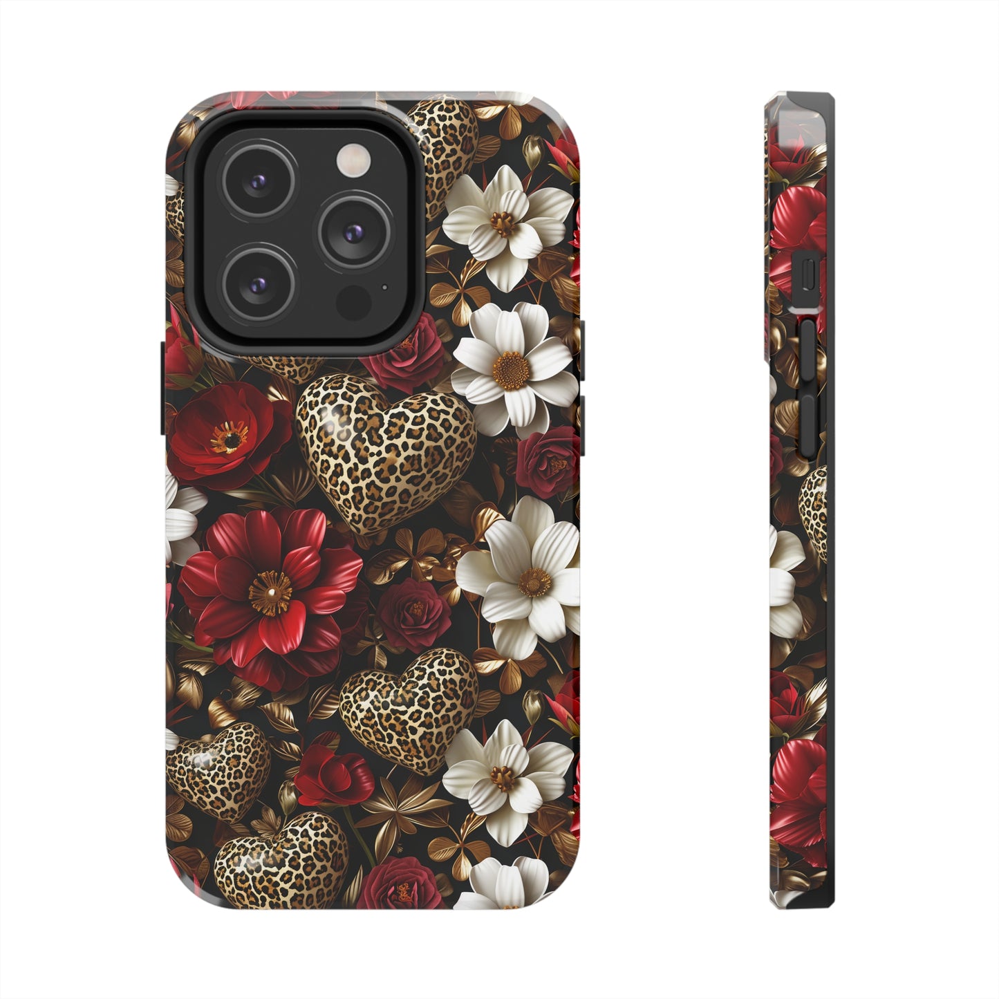 Red Gold Flowers Leopard Hearts Digital print Design Tough Phone Case compatible with a large variety of iPhone models, Gift, Phone Case