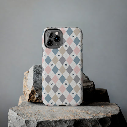 Argyle Pastel Plaid and Butterflies print design Tough Phone Case compatible with a large variety of iphone models