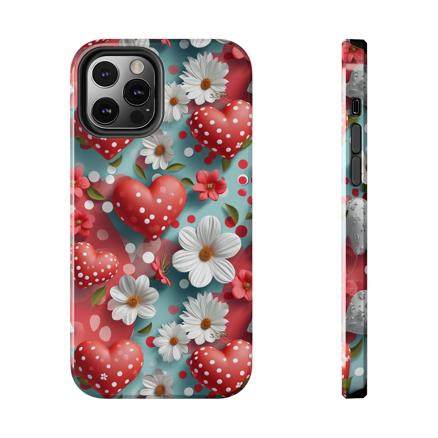 White Flowers Red Polka Dot Hearts Digital print Design Tough Phone Case compatible with a large variety of iPhone models, Gift, Phone Case