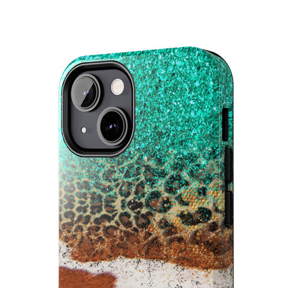 Western Cow Print, Teal, and Leopard print Design Phone Case- Lightweight, Impact Resistant Cover for iPhone 6, 6s, 12, 13, 14, 15