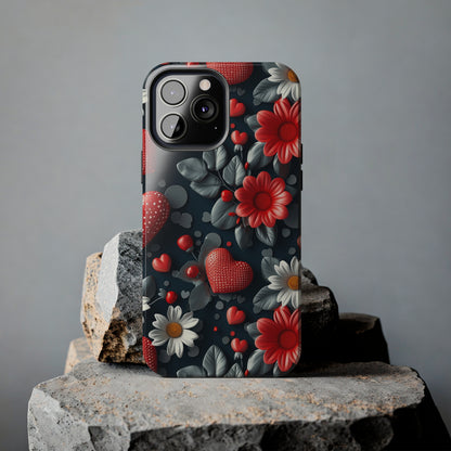 3D Flowers and Red Hearts Digital print Design Tough Phone Case compatible with a large variety of iPhone models, Gift, Phone Case