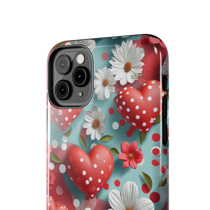 White Flowers Red Polka Dot Hearts Digital print Design Tough Phone Case compatible with a large variety of iPhone models, Gift, Phone Case