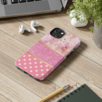 Pink Watercolor flowers and Polka Dot Design Phone Case- Lightweight, Impact Resistant Cover for iPhone 6, 6s, 12, 13, 14, 15