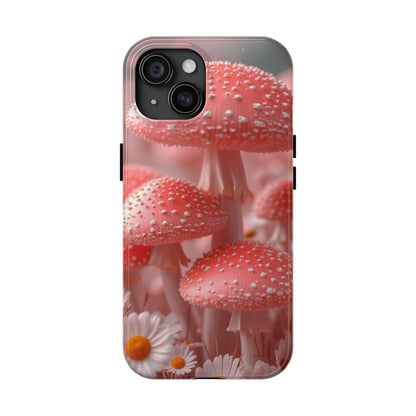 Whimsical Pink Mushrooms and Daisies Design Tough Phone Case compatible with a large variety of iPhone models, Gift, Phone Case