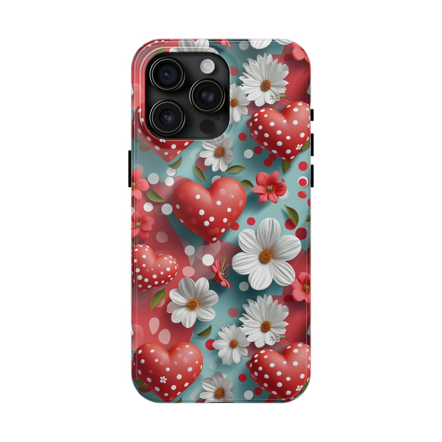 White Flowers Red Polka Dot Hearts Digital print Design Tough Phone Case compatible with a large variety of iPhone models, Gift, Phone Case